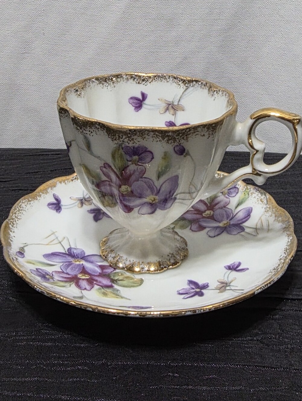 Vintage Miniature Pedestal Teacup & Saucer Set – Made in Japan Purple Violets